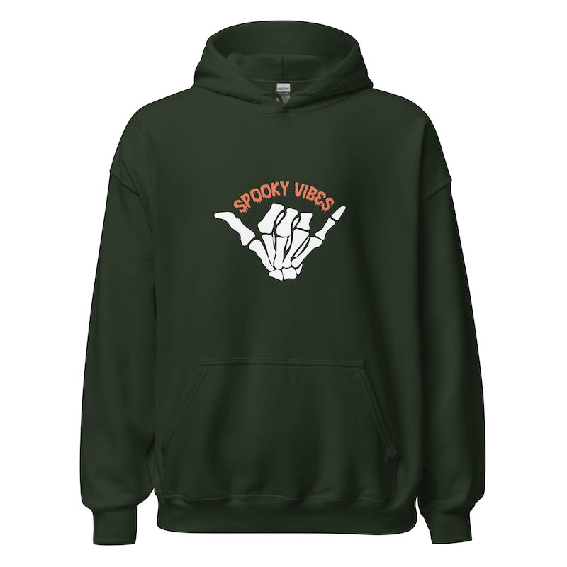 Dark green hoodie with 'Spooky Vibes' design on a white background