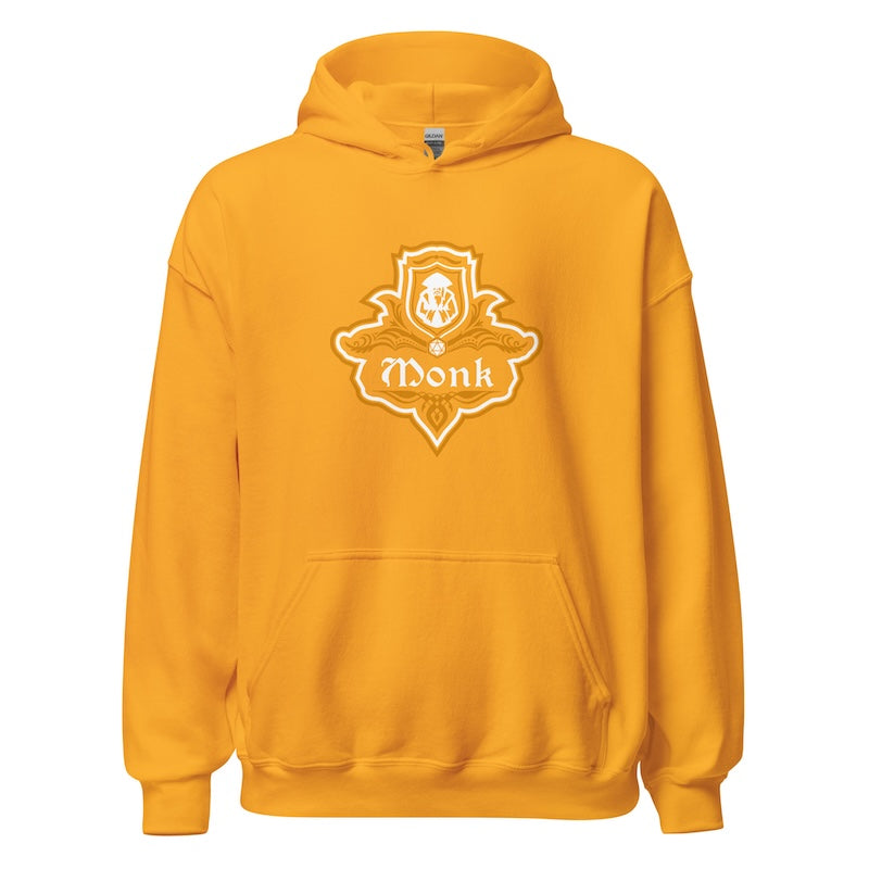 Yellow hoodie with a logo and text on a white background
