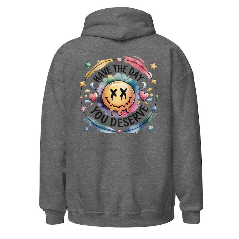 Gray hoodie with a colorful graphic and text on the back against a white background