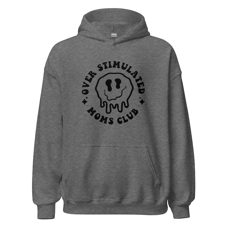 Gray hoodie with black graphic and text on a white background