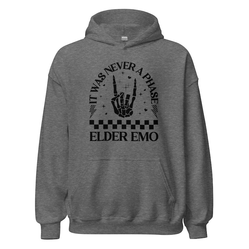 Gray hoodie with black text and design on a white background