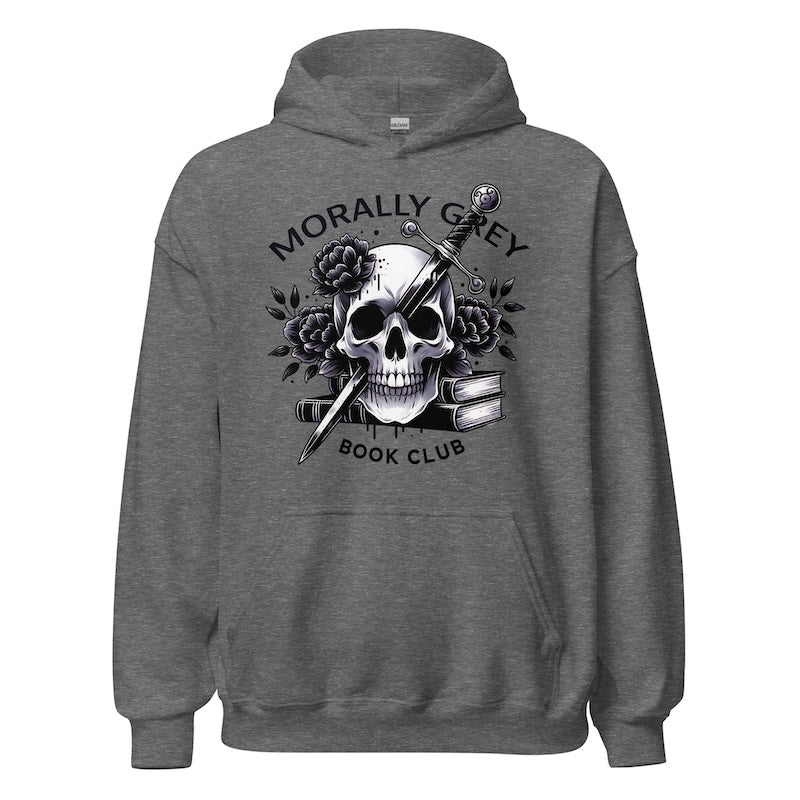 Gray hoodie with skull and book design and 'Morally Grey Book Club' text on a white background