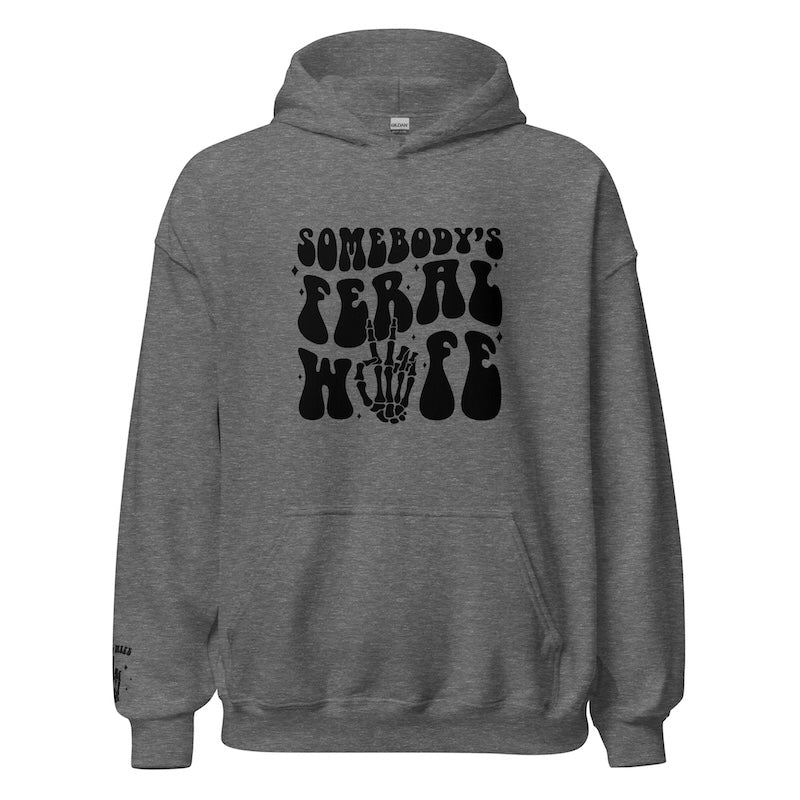 Gray hoodie with black graphic design on a white background