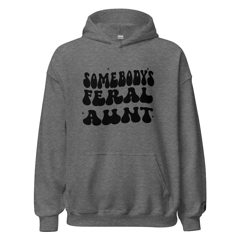 Gray hoodie with black text on a white background