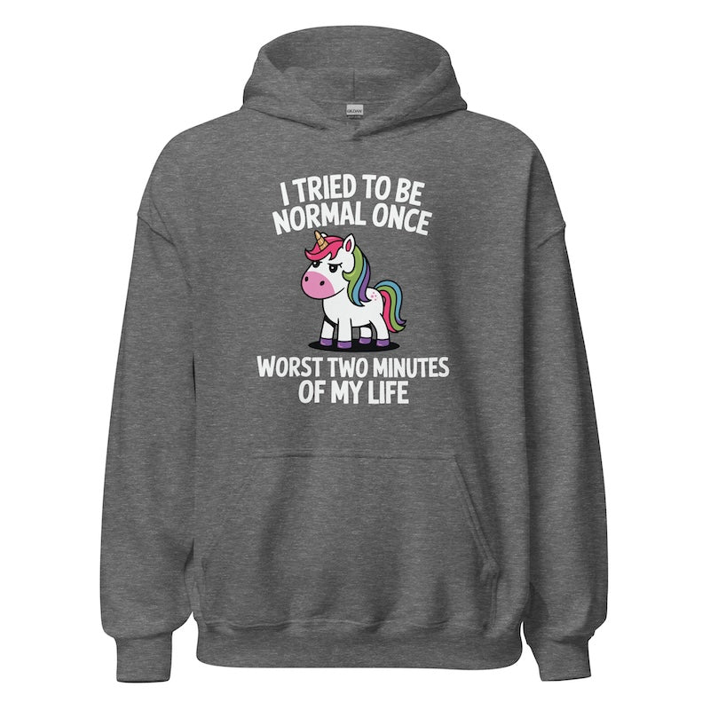 Gray hoodie with a unicorn graphic and text on a white background