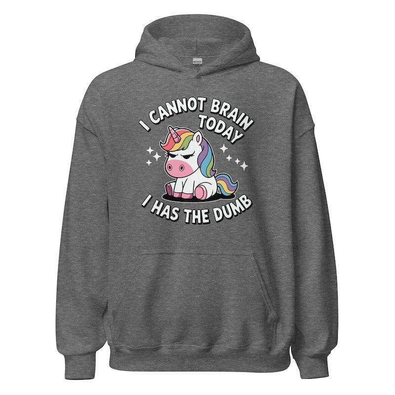 Gray hoodie with a unicorn graphic and text on a white background