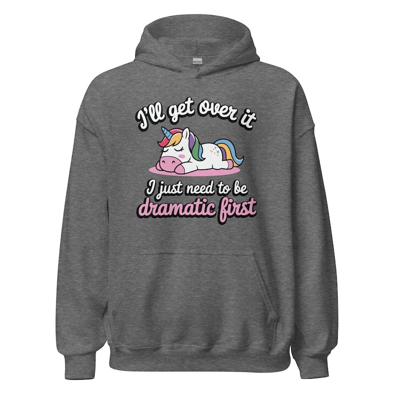 Gray hoodie with a unicorn graphic and text on a white background