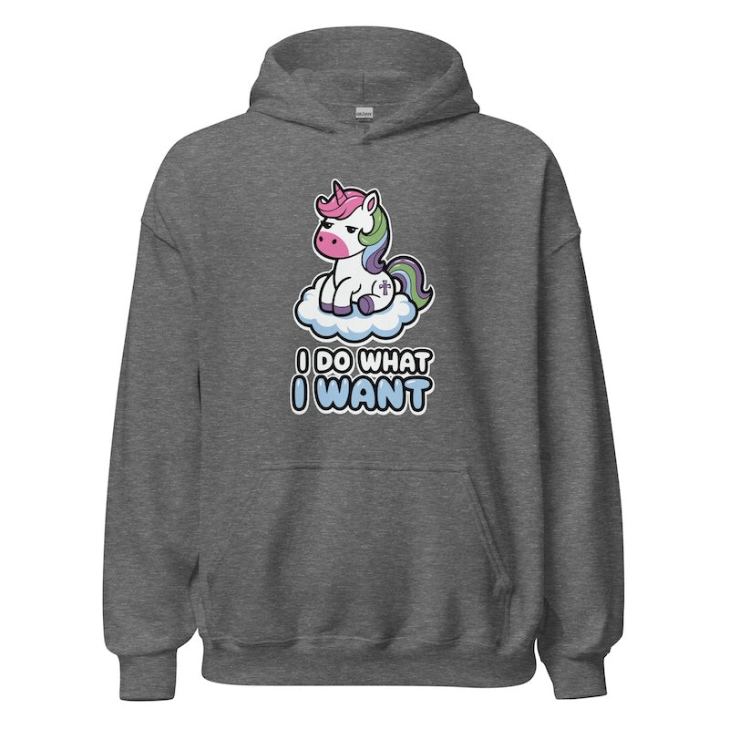 Gray hoodie with a unicorn graphic and 'I Do What I Want' text on a white background