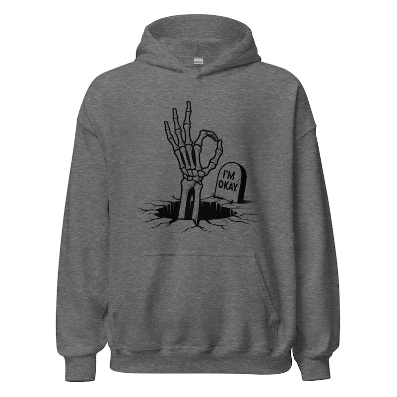 Gray hoodie with skeleton hand and tombstone graphic on a white background