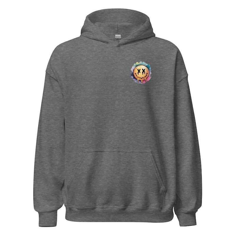 Gray hoodie with a colorful logo on the chest against a white background