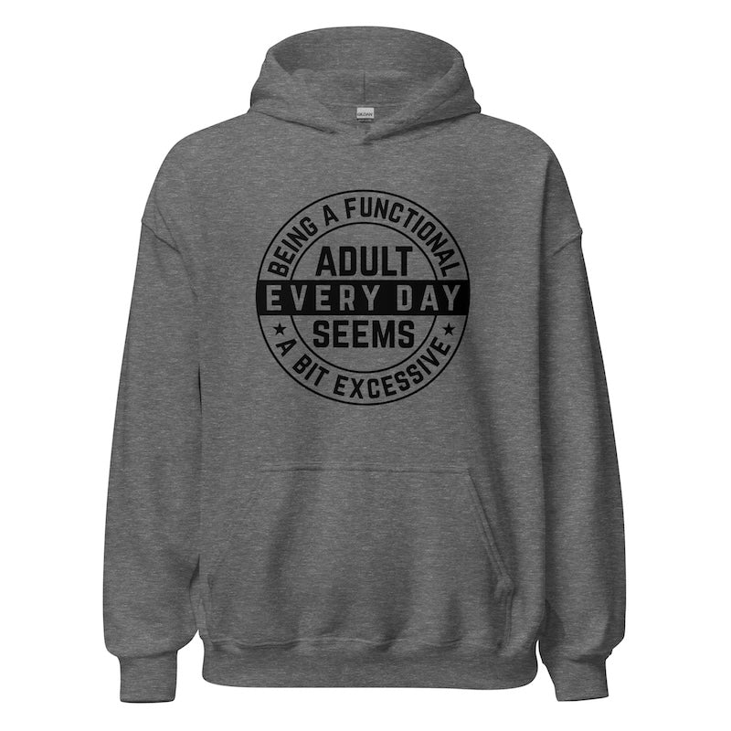 Gray hoodie with black text on a white background
