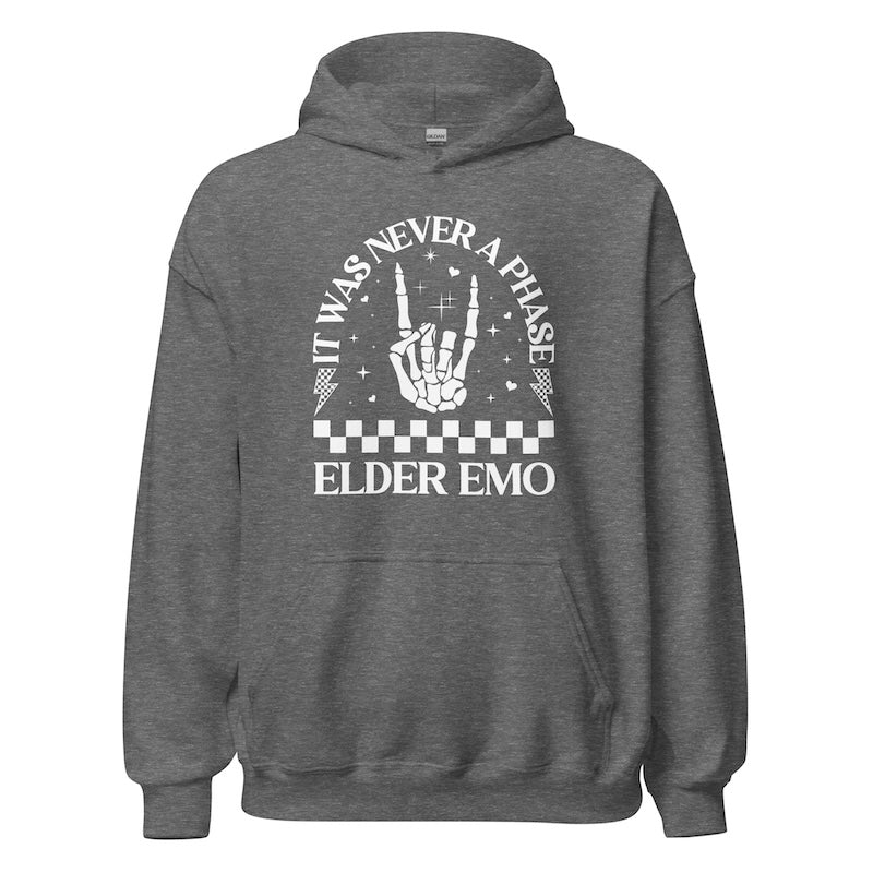 Gray hoodie with 'Elder Emo' design on a white background
