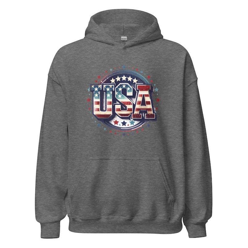 Gray hoodie with USA graphic design on a white background