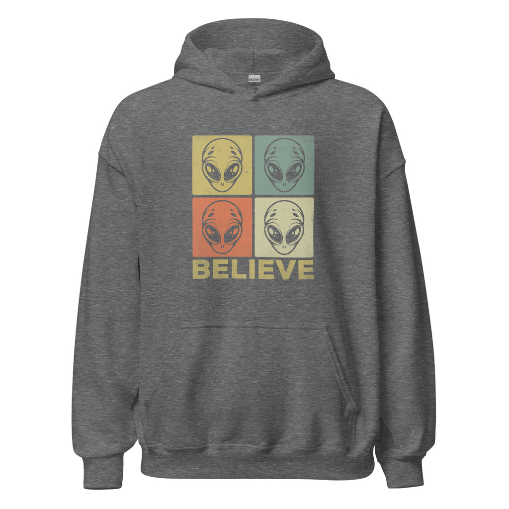 Gray hoodie with alien graphic and 'BELIEVE' text on a white background