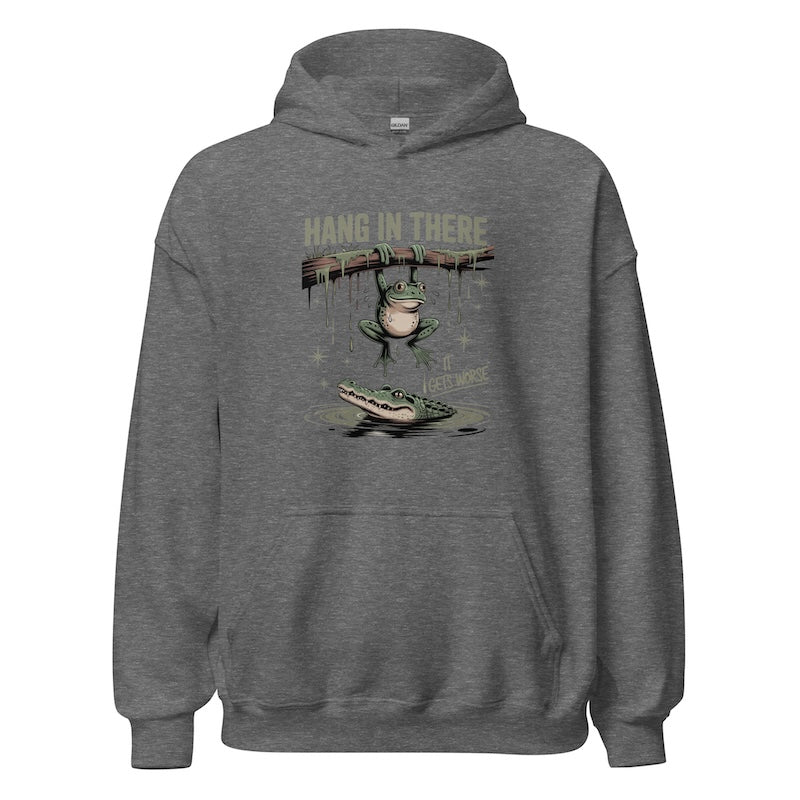 Gray hoodie with a graphic of a frog and text 'Hang in there' on a white background