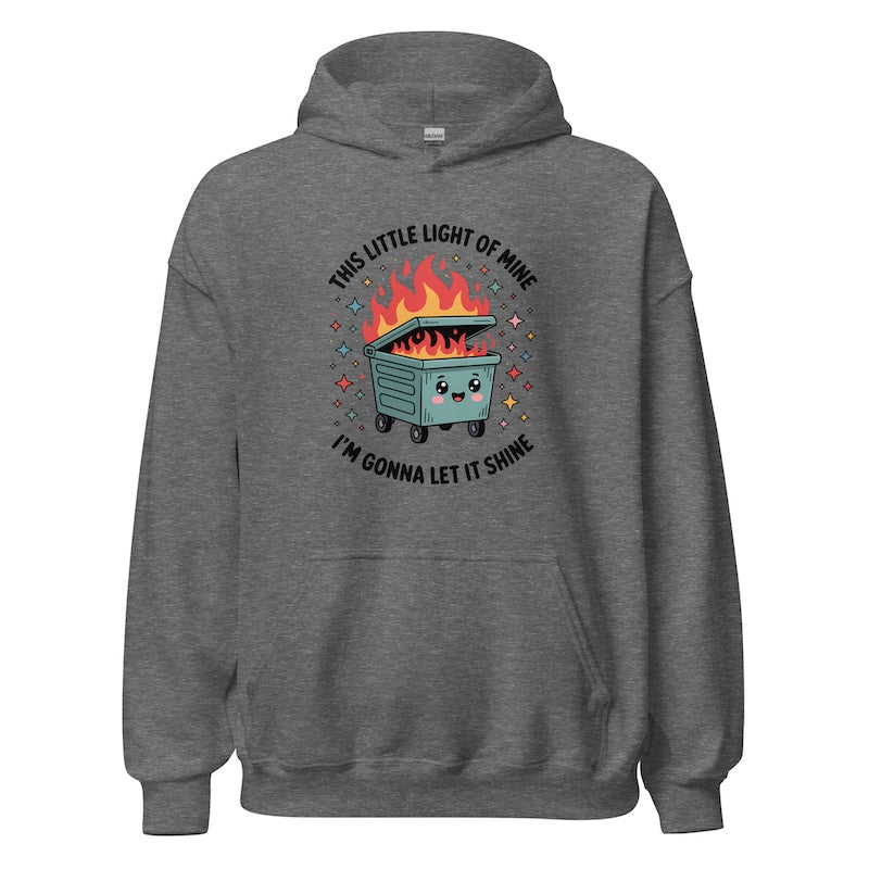 Gray hoodie with a graphic design of a dumpster fire and text on a white background