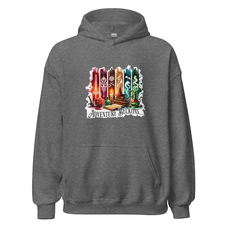 Gray hoodie with colorful design and text on a white background