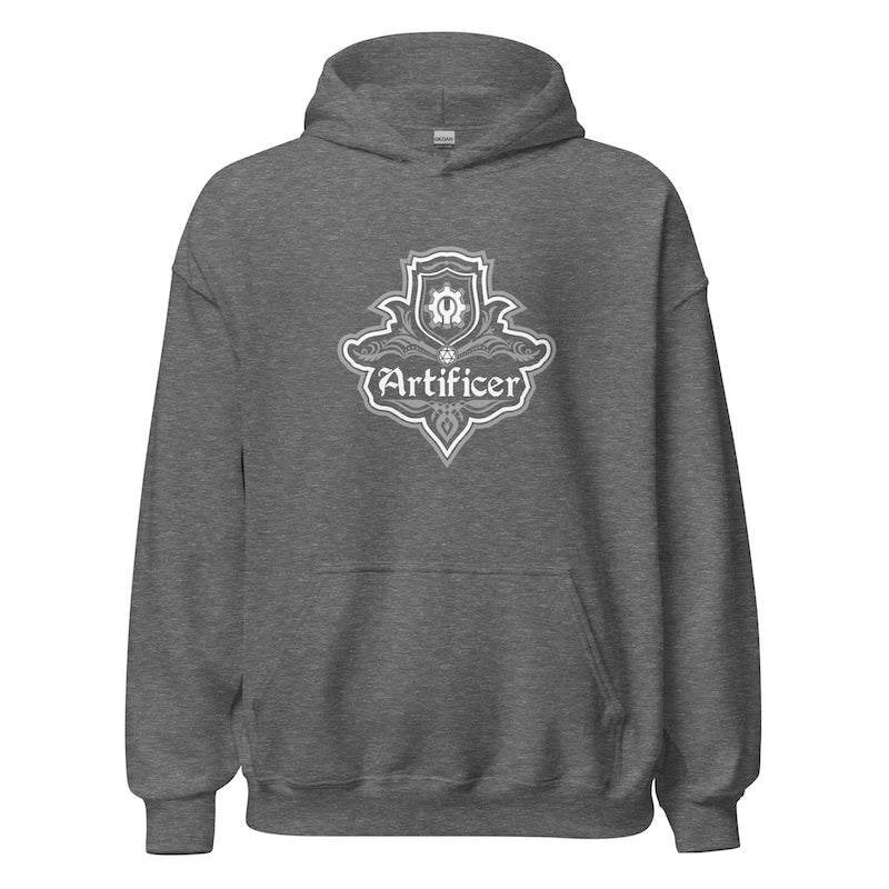 Gray hoodie with a white logo and text on a white background