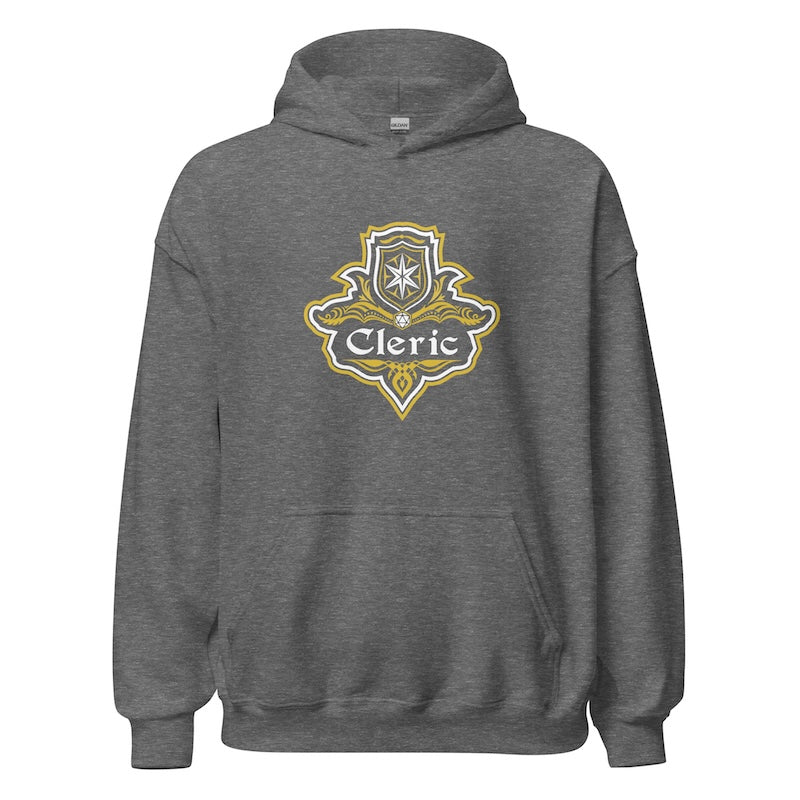 Gray hoodie with 'Cleric' logo on a white background