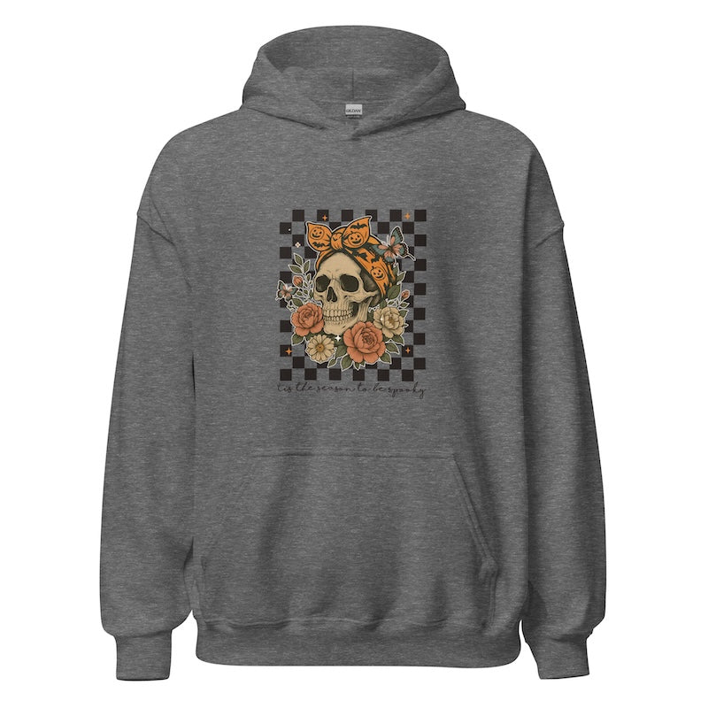Gray hoodie with a skull and floral design on a white background