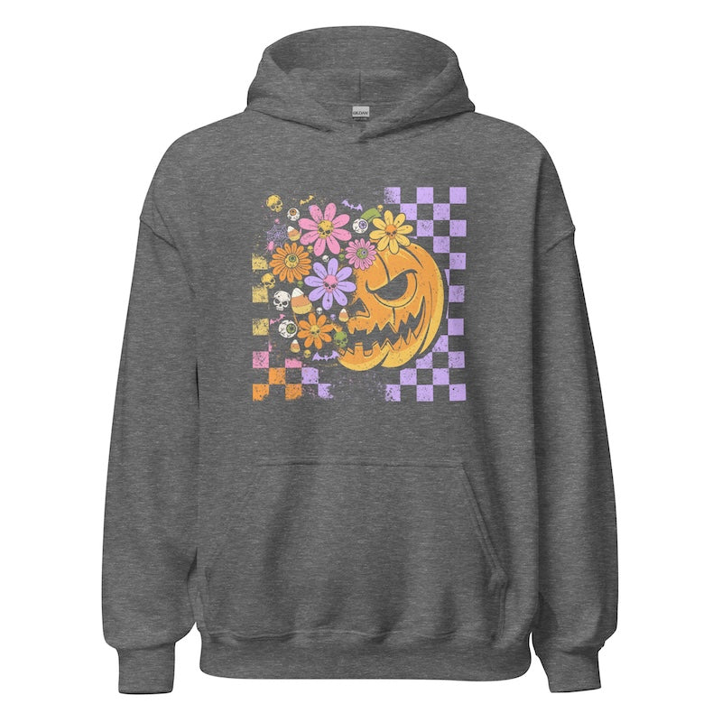 Gray hoodie with a colorful pumpkin and floral design on a white background
