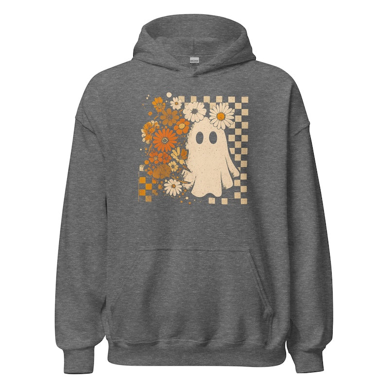 Gray hoodie with a ghost and floral design on a white background