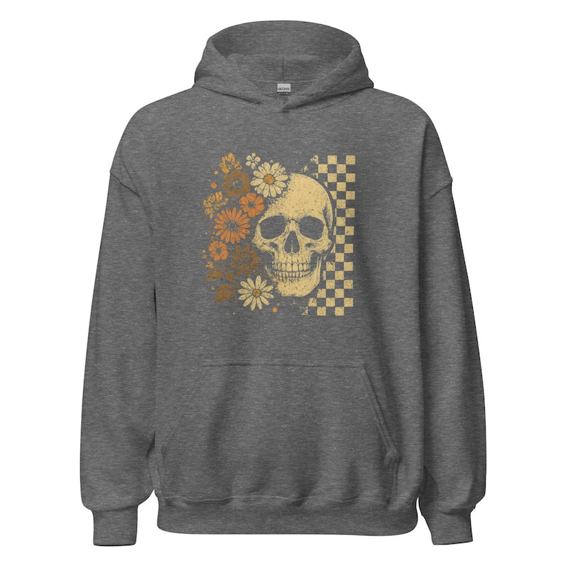Gray hoodie with a skull and floral design on a white background