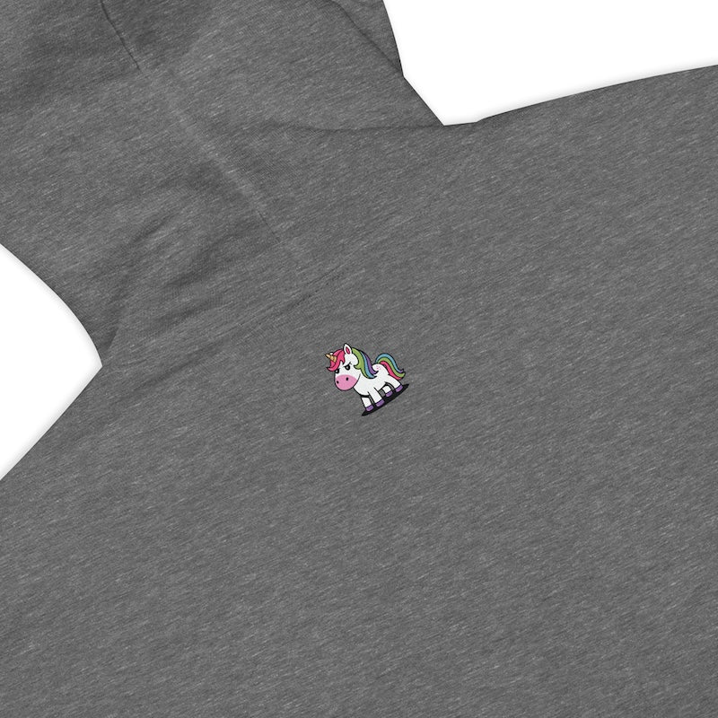 Gray shirt with a small unicorn embroidered on it
