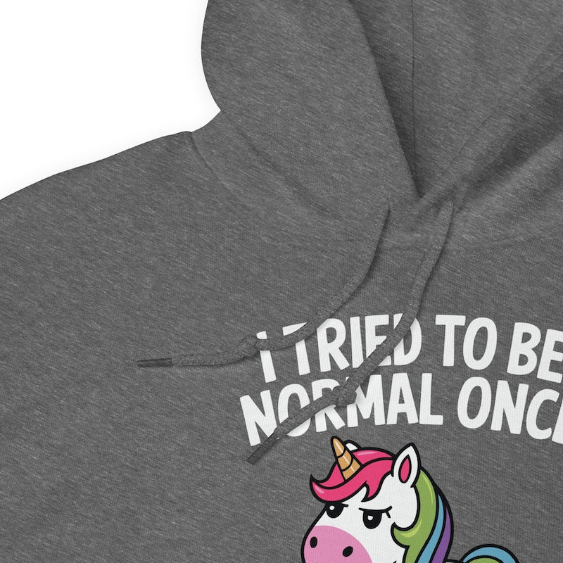 Gray hoodie with a unicorn graphic and text on a white background