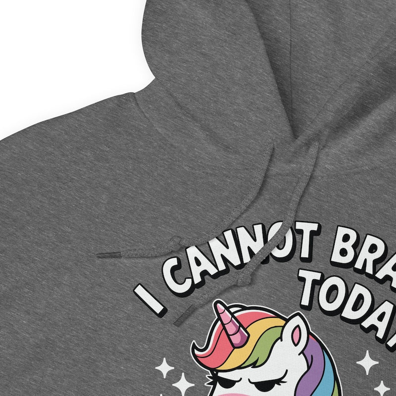 Gray hoodie with a colorful unicorn graphic and text 'I CANNOT BR' on a white background