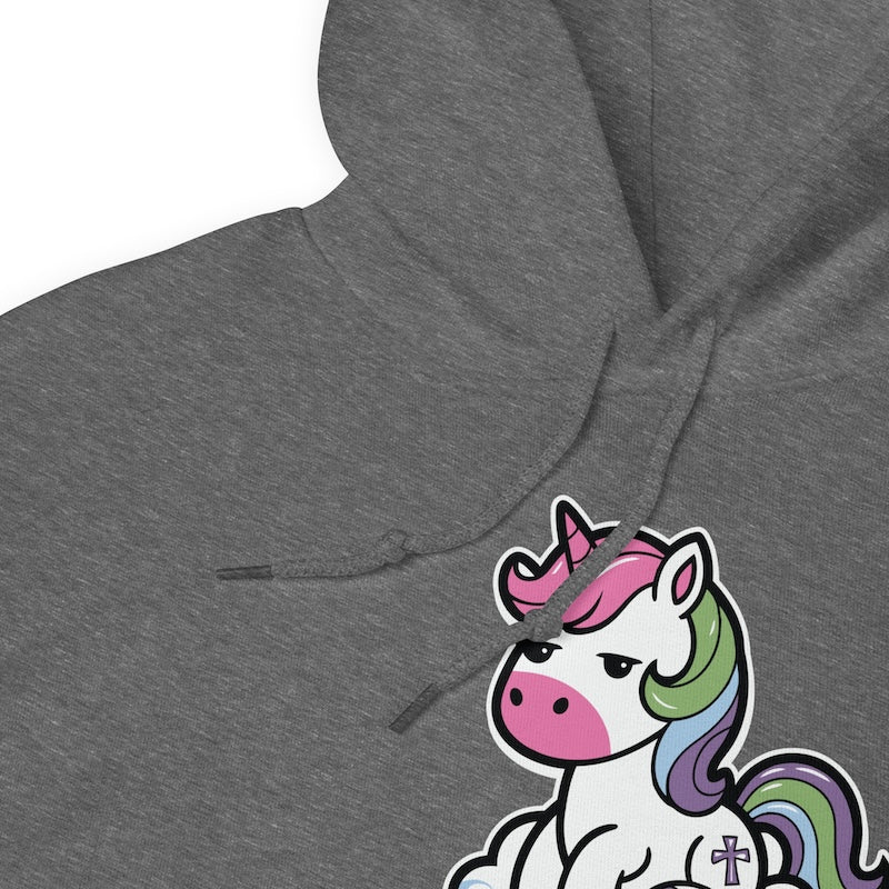 Gray hoodie with a cartoon unicorn design on a white background