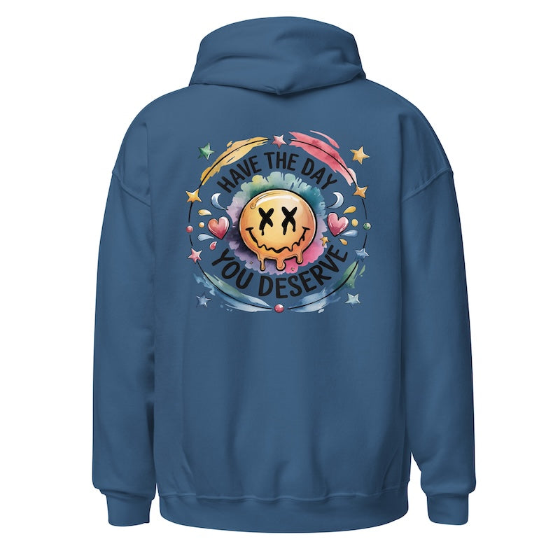 Blue hoodie with a colorful graphic and text on the back against a white background