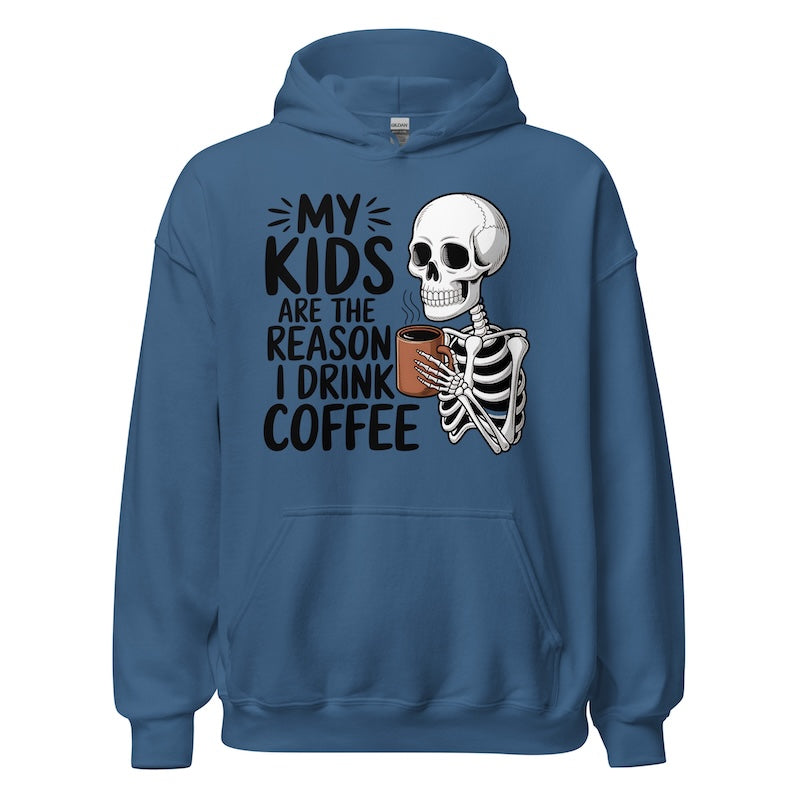 Blue hoodie with skeleton design and text on a white background