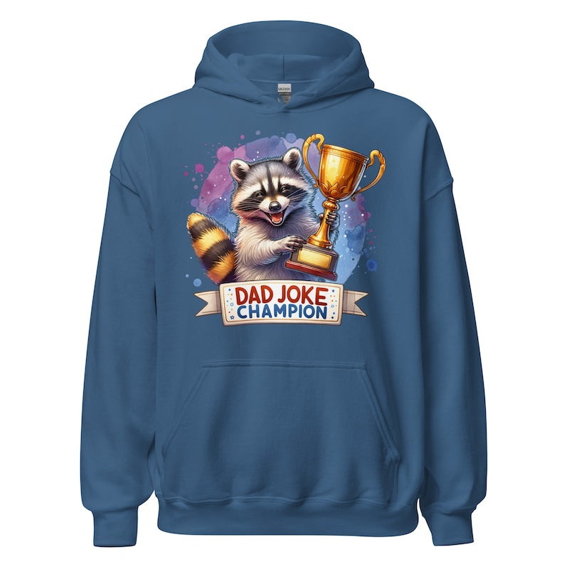 Blue hoodie with a raccoon holding a trophy and 'Dad Joke Champion' text on a white background