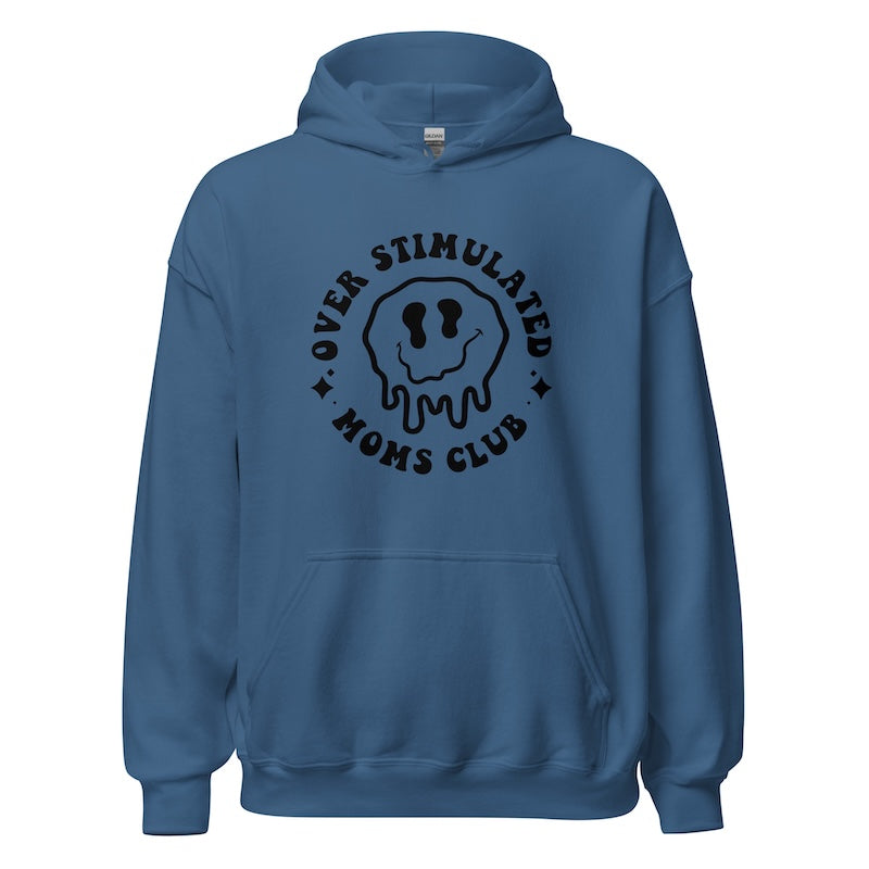 Blue hoodie with black text and graphic on a white background