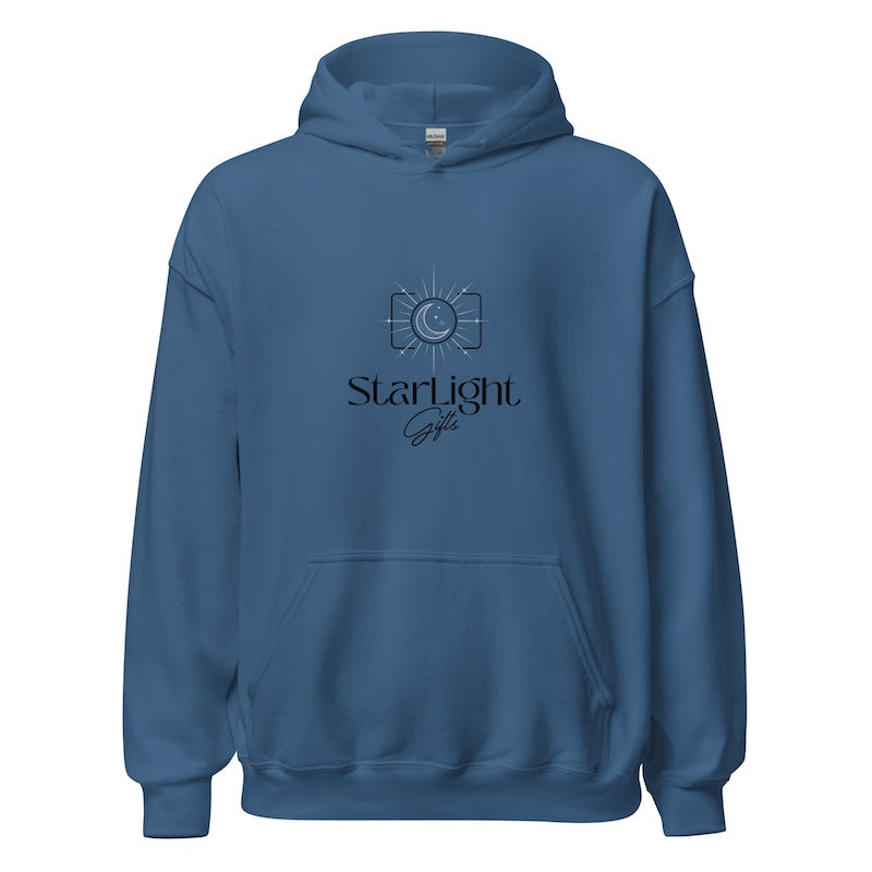 Blue hoodie with 'Starlight' logo on a white background