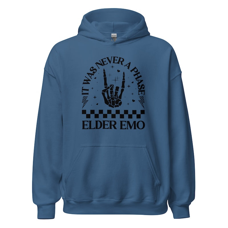 Blue hoodie with black text and design on a white background