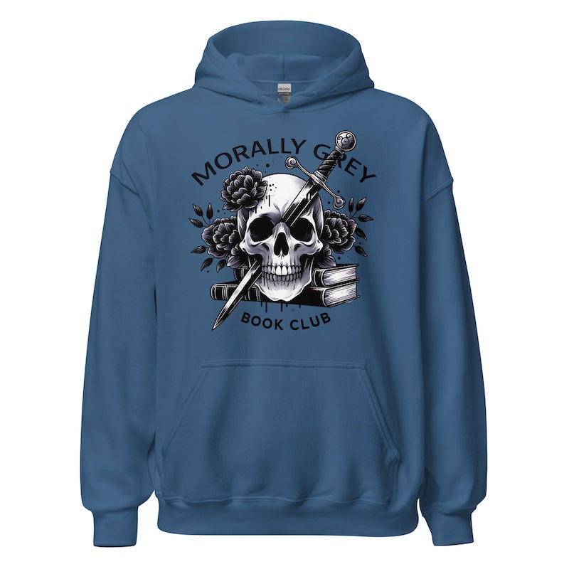 Blue hoodie with skull and book design on a white background