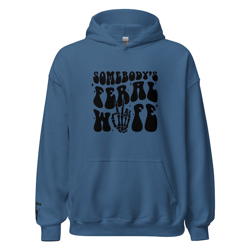 Blue hoodie with black graphic design on a white background