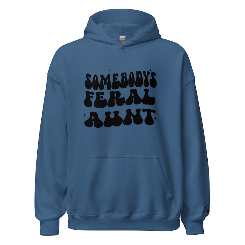 Blue hoodie with black text on a white background