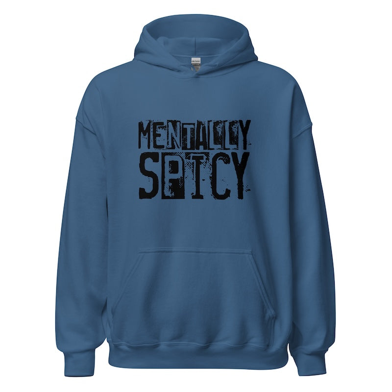 Blue hoodie with 'Mentally Spicy' text on a white background