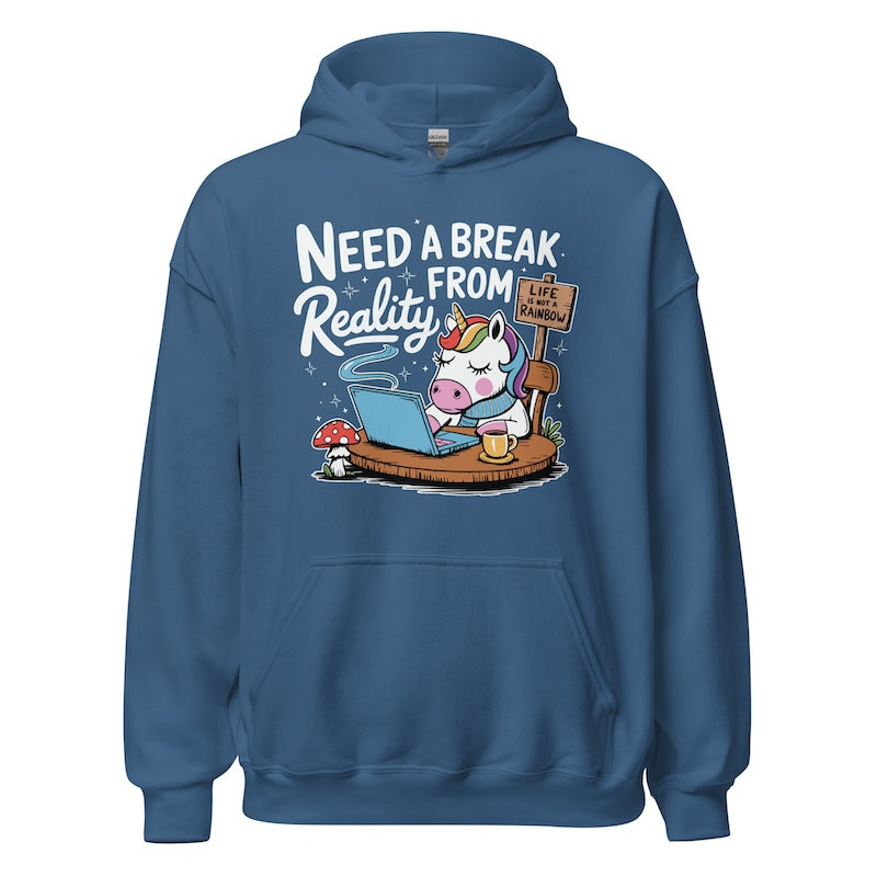 Blue hoodie with a cartoon design and text 'Need a Break from Reality' on a white background