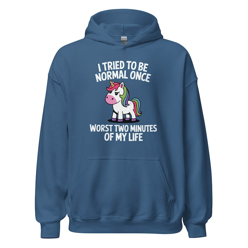 Blue hoodie with a unicorn graphic and text on a white background