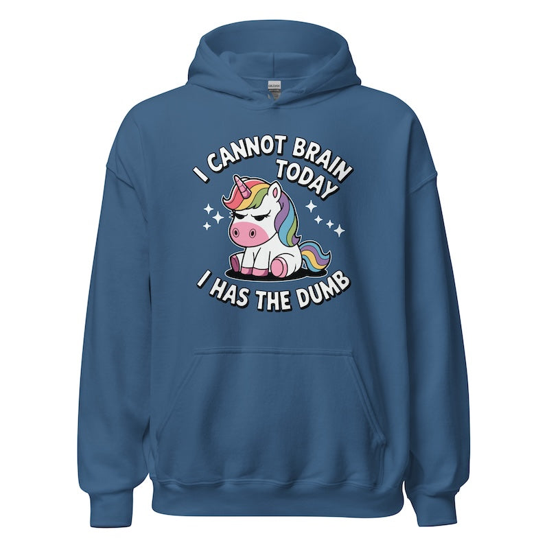 Blue hoodie with a unicorn graphic and humorous text on a white background
