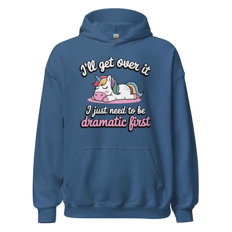 Blue hoodie with a unicorn graphic and humorous text on a white background