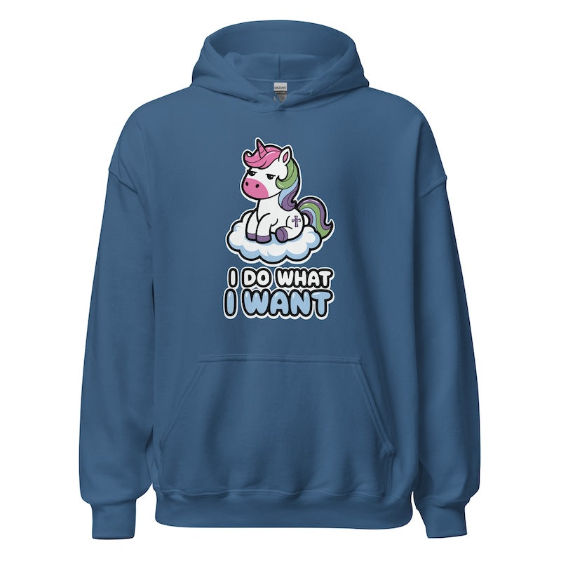 Blue hoodie with a unicorn graphic and 'I Do What I Want' text on a white background