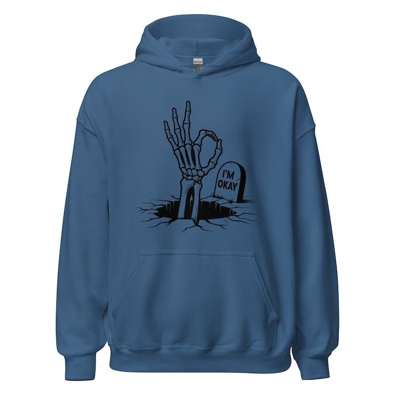 Blue hoodie with a skeleton hand holding a tombstone graphic on a white background
