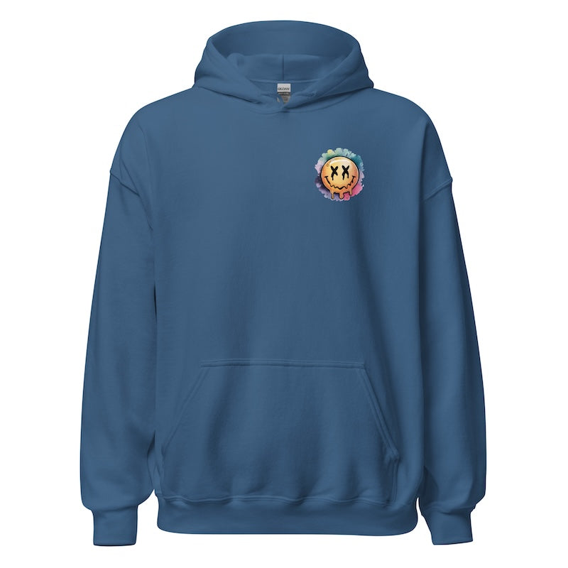 Blue hoodie with a colorful logo on the chest against a white background