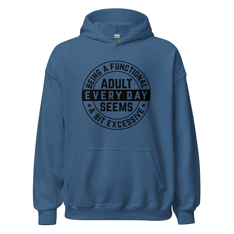Blue hoodie with black text on a white background
