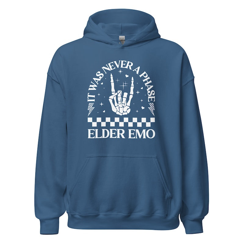 Blue hoodie with white text and graphics on a white background